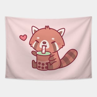 Cute Red Panda Loves Drinking Bubble Tea Tapestry