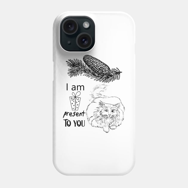 Christmas Present with Cat Funny Illustration Phone Case by Biophilia