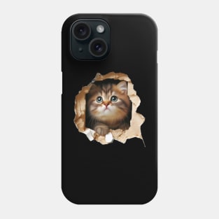 Darling kitty squeezing through a hole in the wall Phone Case