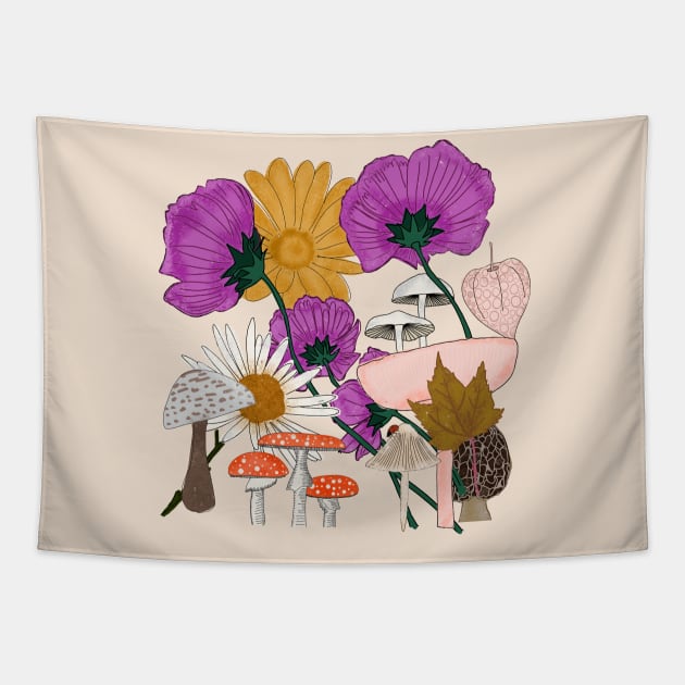 Wild Flowers and Mushroom Tapestry by bruxamagica