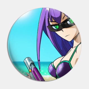 Anime Girl with Purple Hair at the Beach Pin