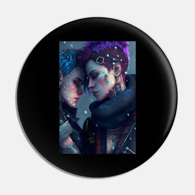 Futuristic Cyberpunk Lesbian Lovers Embrace in Emotional Portrait Pin by Cyber Punks AI