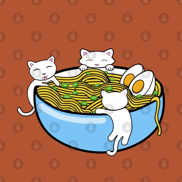 Happy little kittens climbing on a bowl of ramen noodles by Purrfect