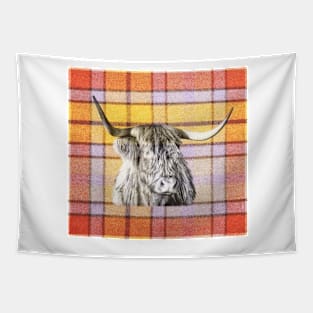 Tartan Highland Cow in Black and White Tapestry