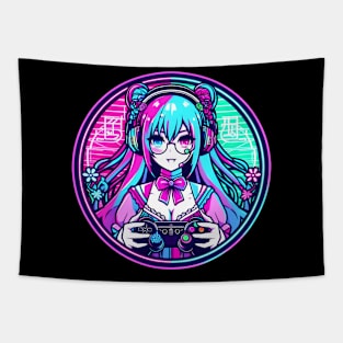 Neon pink blue gamer girl Tapestry