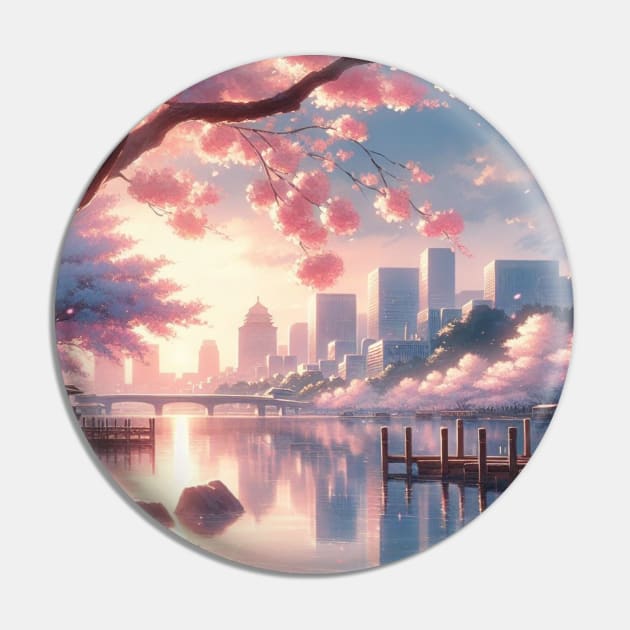 Cherry Blossom and Lake - Anime Drawing Pin by AnimeVision
