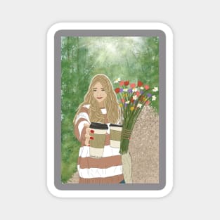 The girl with coffee and flowers Magnet