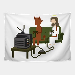 Jesus And Devil Playing Video Games Pixel Art Classic Tapestry