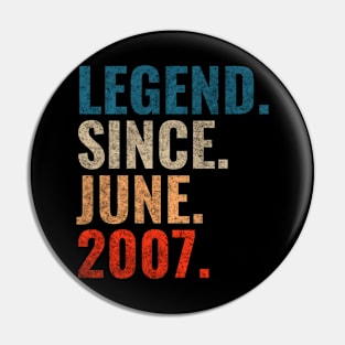 Legend since June 2007 Retro 2007 birthday shirt Pin