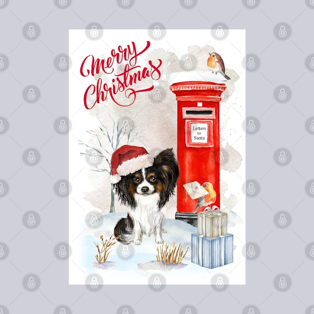 Black And White Papillon Merry Christmas Santa Dog by Puppy Eyes