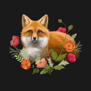 Fox Illustration laying in Flowers T-Shirt