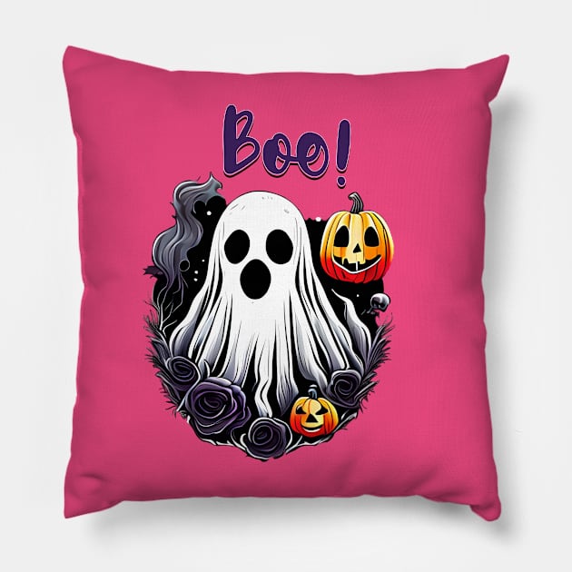 Cute Boo Halloween Ghost with Pumkins and Roses Pillow by sarahwainwright