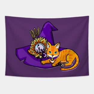 Orange Cat on a Witch Hat (purple) Tapestry