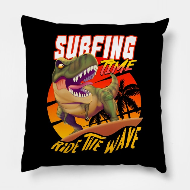 Dinosaur surfing time Pillow by Ildegran-tees