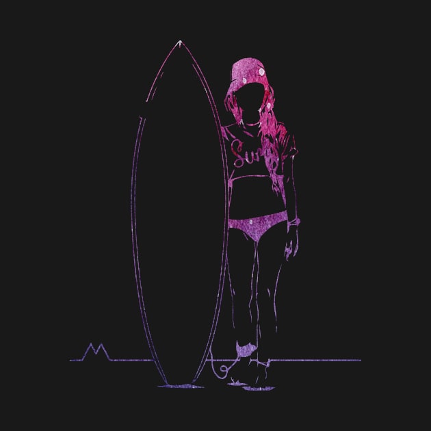 Pink woman with surfboard by Dominic Becker