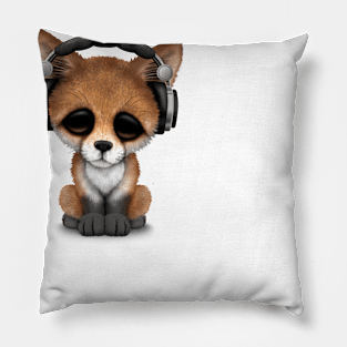 Cute Red Fox Cub Dj Wearing Headphones Pillow