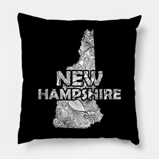 Mandala art map of New Hampshire with text in white Pillow