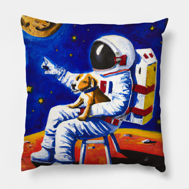 Astronaut sitting with his dog on the moon, starring into space. Pillow by Boztik-Designs