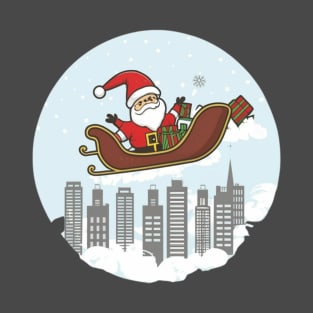 Santa, sleigh, cityscape, reindeer, Christmas, night, moon, holiday, festive, magical T-Shirt