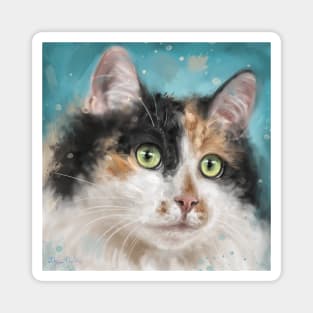 Painting of an Adorable Calico Tri-Color Cat with Gorgeous Green Eyes Magnet