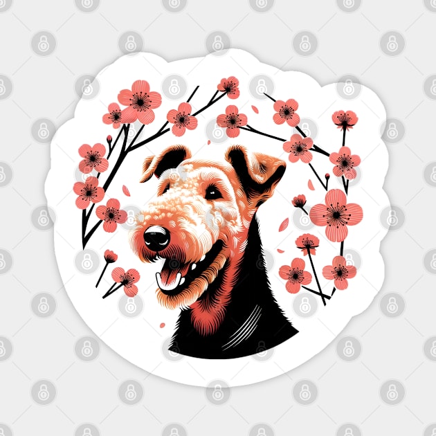 Airedale Terrier Enjoys Spring with Cherry Blossoms Magnet by ArtRUs