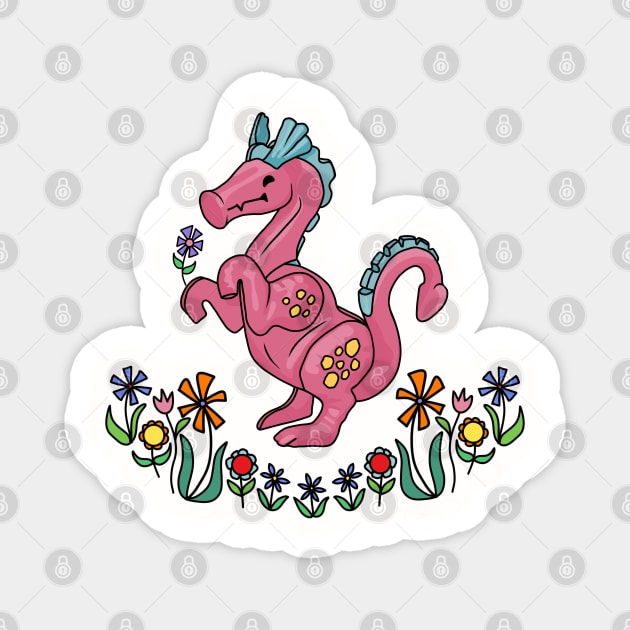 Happy Little Pink Dragon Smelling Flowers Magnet by Slightly Unhinged