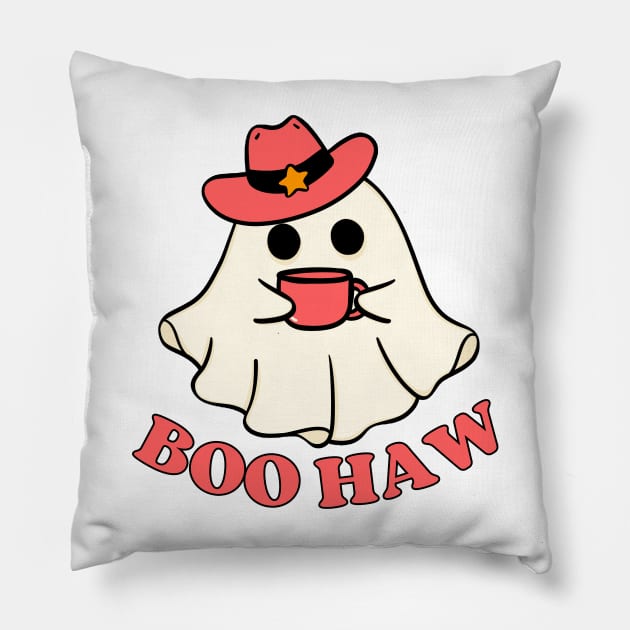 Boo Haw Cute Western Halloween Cowgirl Ghost Spooky Vibes Pillow by Illustradise