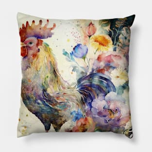 Cute Watercolor Floral Rooster, Farm Animal, Pillow