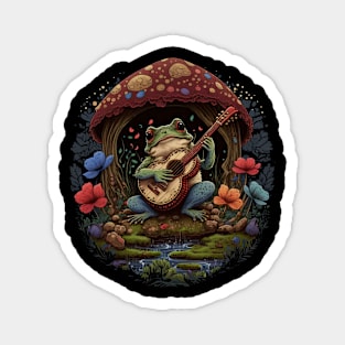 Cottagecore aesthetic cute frog playing ukelele on Mushroom Magnet