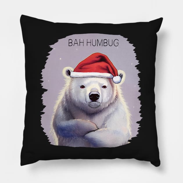 Bah Humbug! Grumpy polar bear in Santa hat Pillow by Geminiartstudio