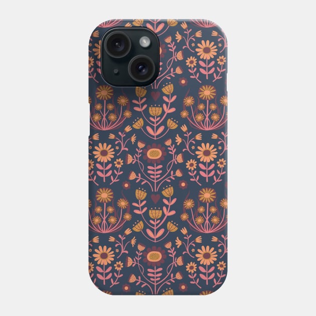 Arts and crafts Folk floral pattern by Cecca Designs - pink and Bordeaux on navy Phone Case by Cecca