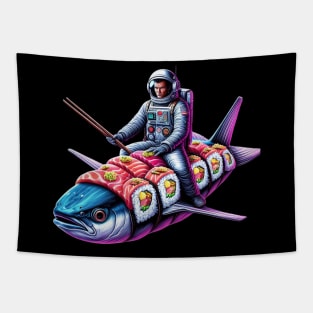 Astronaut Flying a Tuna Sushi Roll Tapestry