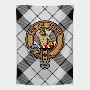 Clan MacFarlane Crest over Black and White Tartan Tapestry