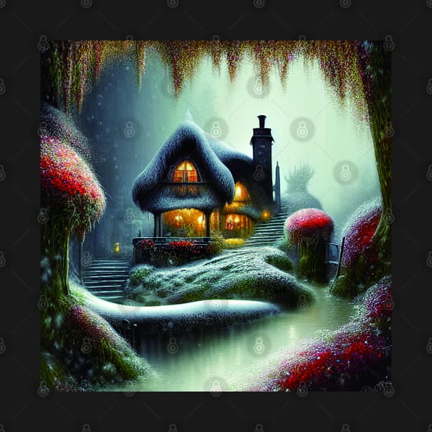 Sparkling Fantasy Cottage with Lights and Glitter Background in Snowy Scene, Scenery Nature by Promen Art