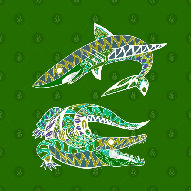 shark and the crocodile wild animals in swamp and shore pattern art by jorge_lebeau