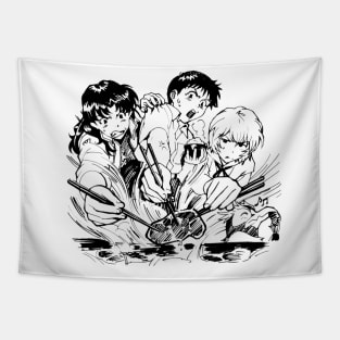 Misato,Pen Pen, Shinji and Rei eating meat Tapestry