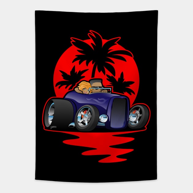 Hot Rod Couple Cruise at Sunset with Palm Trees Car Design Tapestry by hobrath