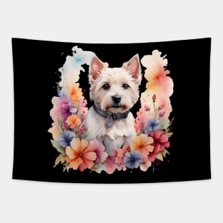 A west highland white terrier decorated with beautiful watercolor flowers Tapestry