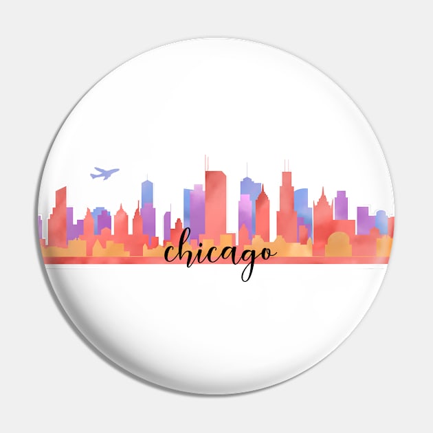 Color Chicago City Skyline Watercolour Multilayer With Aircraft/Flight/Aeroplane/Airplane/Plane Pin by stateofthe-art