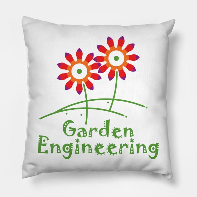 Two flowers or a pair of colorful flowers, composition in the shape of cog and Gear wheel mechanisms designed to express a garden engineering concept. Pillow by GeeTee