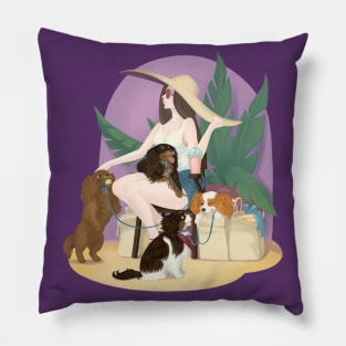 Fashionable Cavalier King Charles Spaniels and Woman Pillow