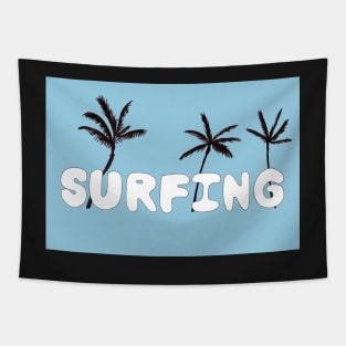 Surfing Lettering with Palm Trees and a Retro Blue Background Tapestry