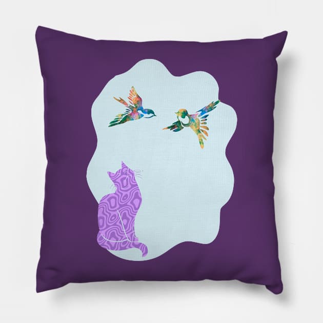 Camouflage Purple Cat Watching Birds Silhouette Art Pillow by Mazz M