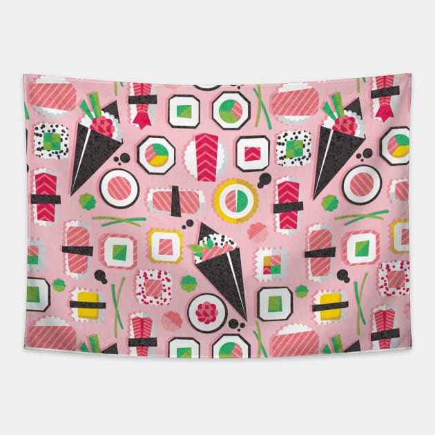 Paper cut geo sushi // pattern // pastel pink background Tapestry by SelmaCardoso