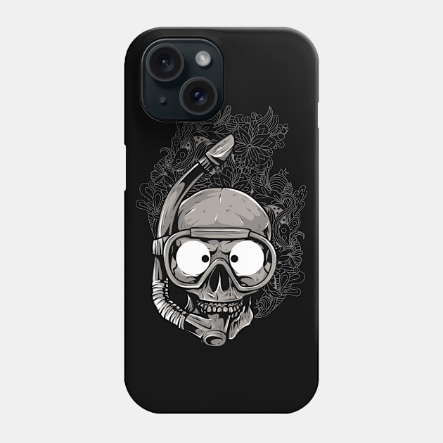 Funny skull wearing a snorkeling mask, on a floral background Phone Case by peace and love