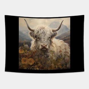 Highland Cattle Wildflowers Retro Art | Vintage-Inspired Landscape with Scottish Cows Tapestry