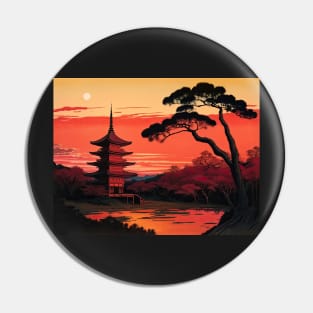 Ukiyo-e Japanese Art - Red Pagoda at Sunset Pin