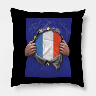 France Flag European Union Flag Ripped Open - Gift for French From France Pillow