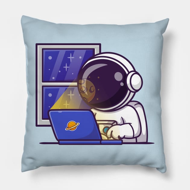 Cute Astronaut Working On Laptop In Space Cartoon Pillow by Catalyst Labs