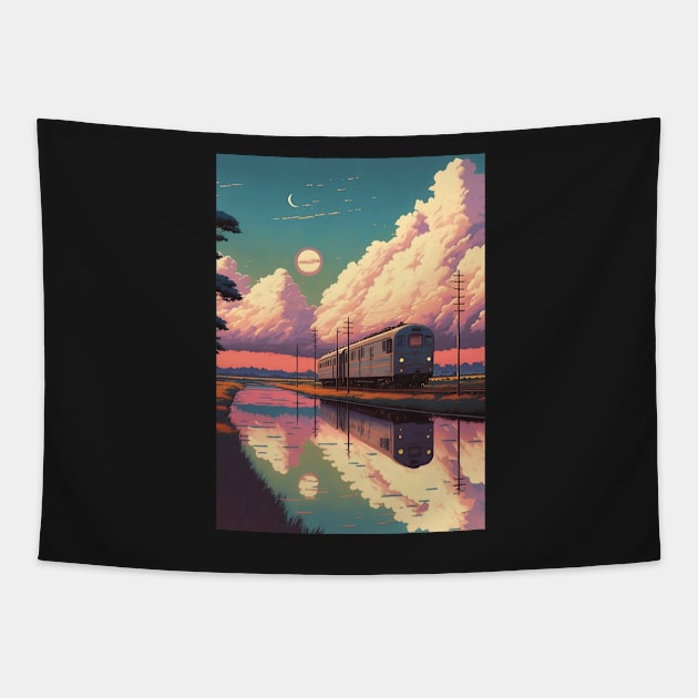 Retro Anime Style Old Japanese Train Tapestry by KaPrints